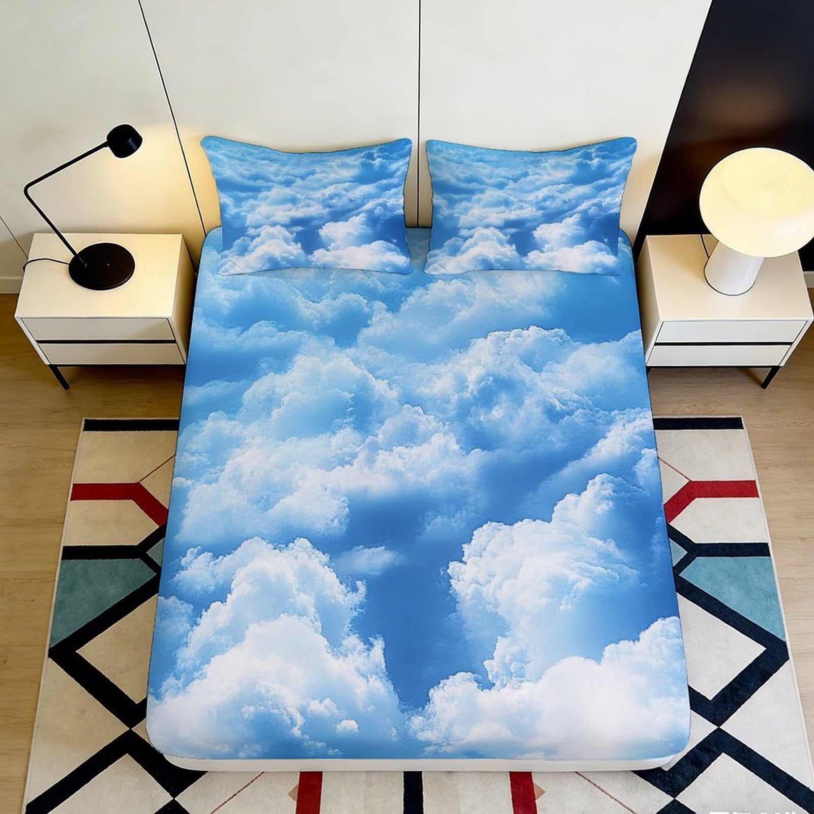 3D Printed Blue Sky Clouds Fitted Sheet Microfiber Soft Breathable White Cloud Bed Cover for Bedroom Dormitory Guest Room Mattress Protection Decor 180x200x25cm