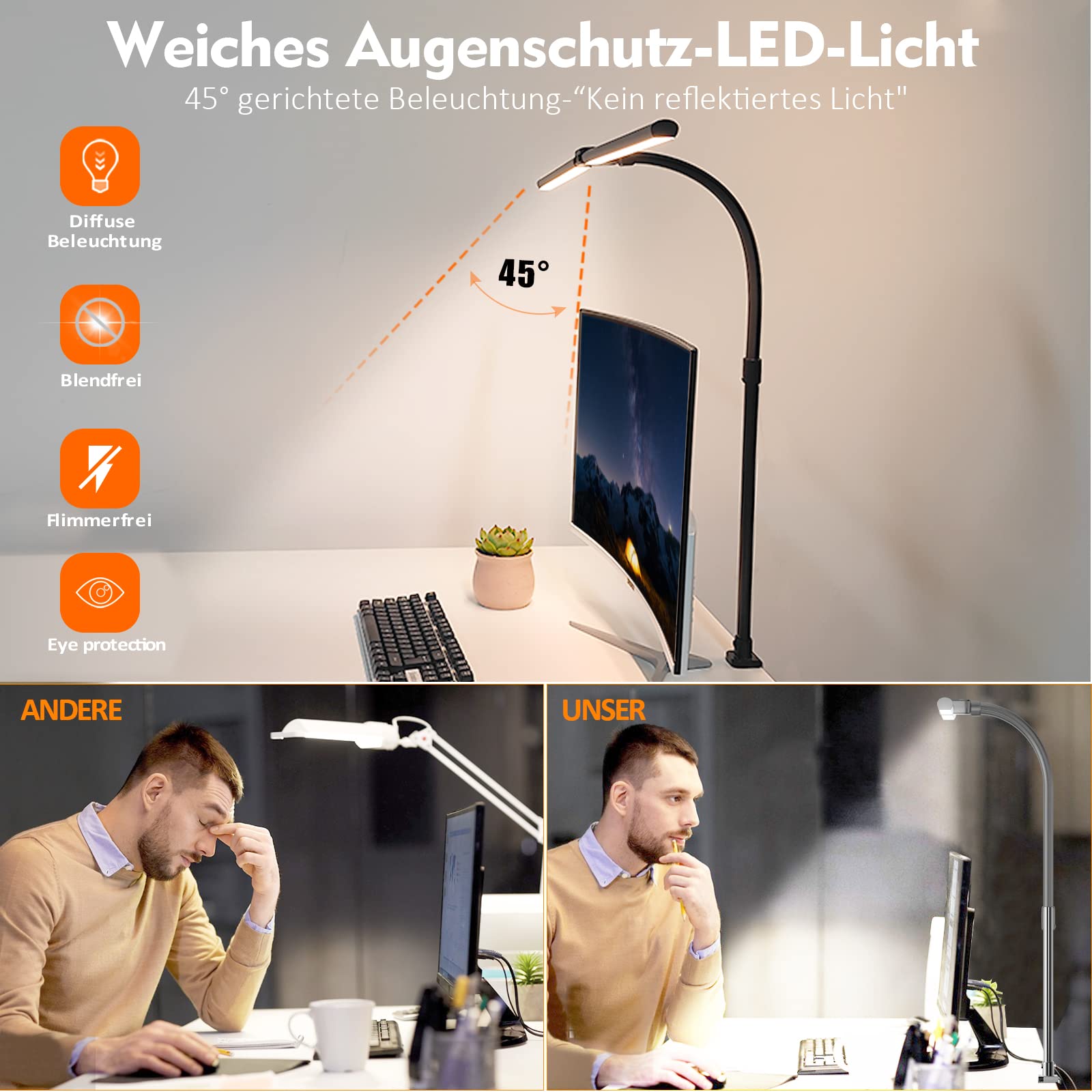 LOTTBUTY Doppelkopf Schreibtischlampe LED dimmbar,24W 80CM Homeoffice Tageslichtlampe Schreibtisch Lampe, Schwanenhals Büro Tischlampe (Schwarz,Klemmbar)