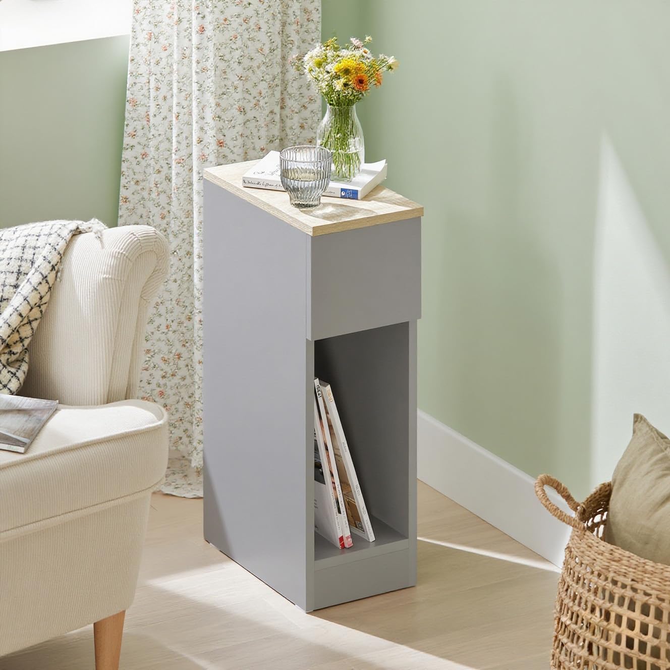 Haotian Narrow Nightstand with Drawer for Bedroom, 20x35x60 cm | Slim bedside table with open shelf for bedroom, living room, couch or entryway, Grey, FBT111-HG.