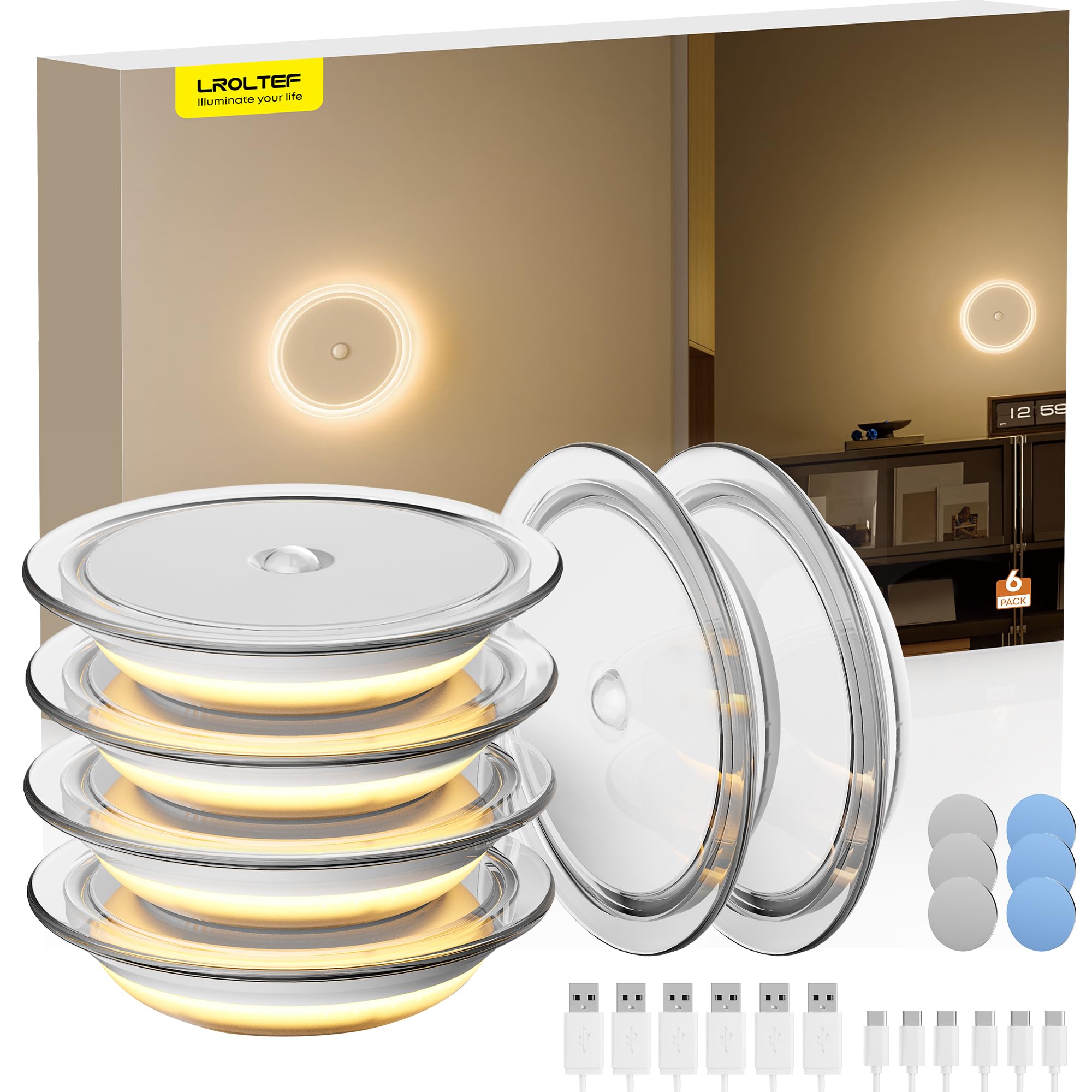 LROLTEF Nachtlicht Lampe für Kinder Baby - Aufladbar Night Light LED Treppenbeleuchtung - 3000K Nachtlampe Schlummerleuchten mit Bewegungsmelder für Kinderzimmer, Treppe | Transparente Hülle 6 Stück