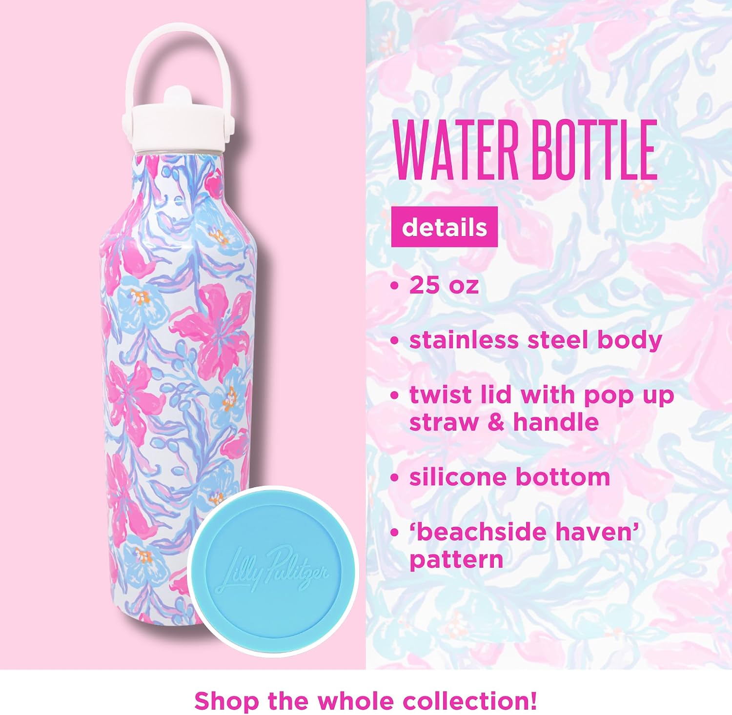 Lilly Pulitzer Stainless Steel Water Bottle, 25 Oz Metal Water Bottle, Double Wall Insulated Tumbler with Lid (Beachside Haven)