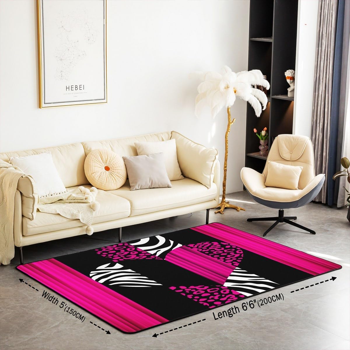 Feelyou Leopard Living Room Rugs Area Rug 5x7 Kids Cheetah Animal Print Accent Rug for Boys Safari Zebra Indoor Floor Mat Non-Slip Hot Pink Sweetheart Geometric Decorative Rug