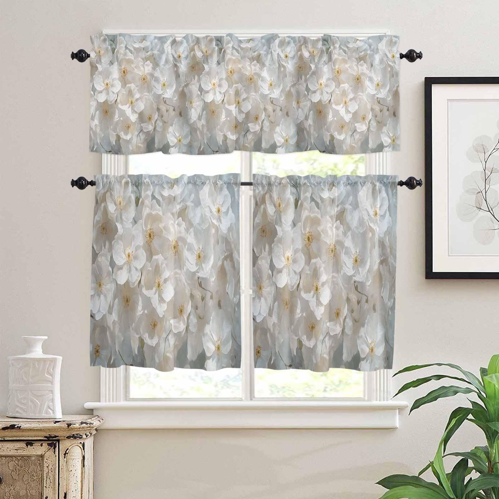 Flowers Kitchen Curtains 36 Inch Length,3 Piece Rod Pocket Small Half Tiers and Valance Set,Watercolor Floral Neutral Brush Strokes Artwork Small Large Window Treatment Decor for Bedroom/Bathroom