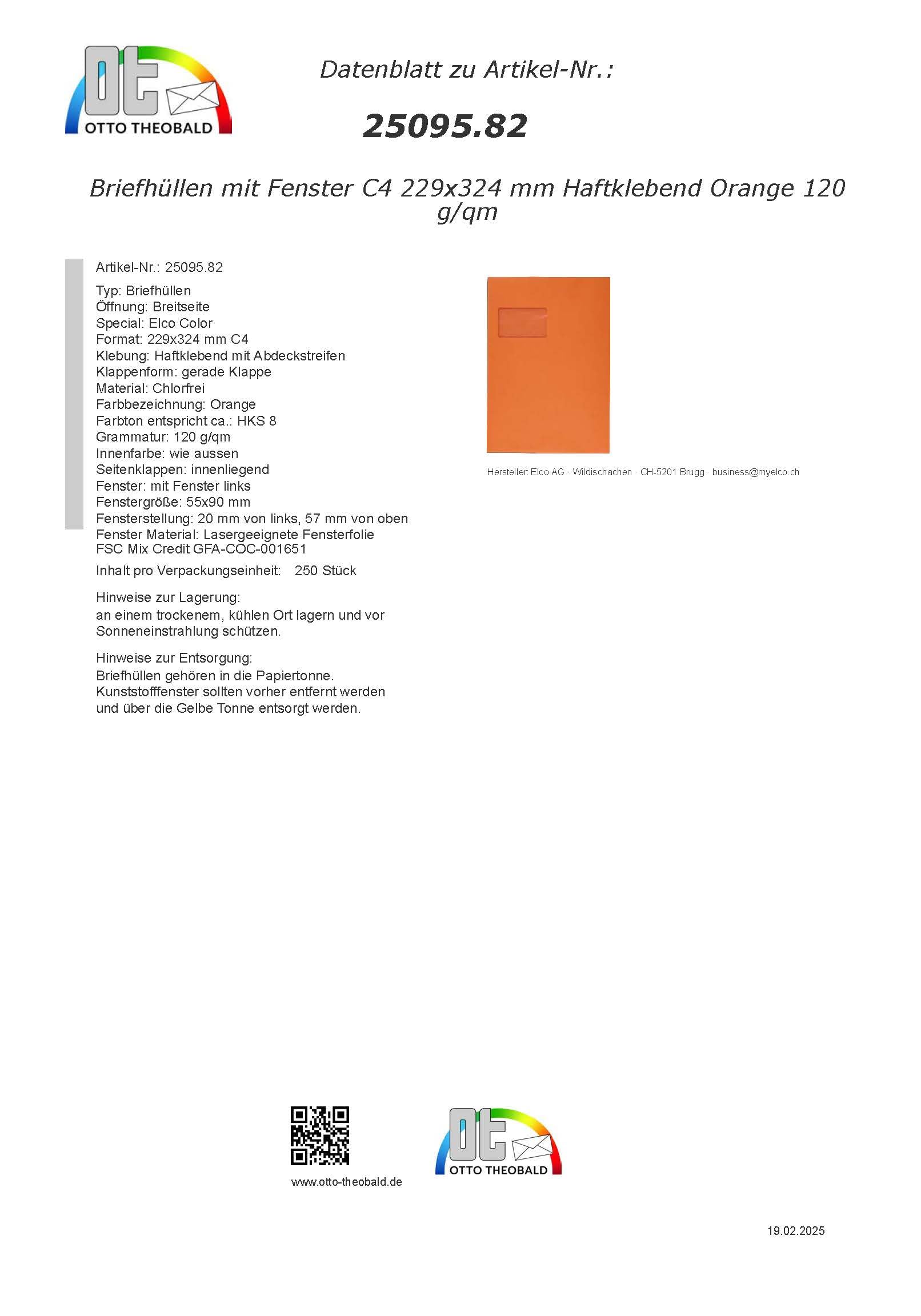Elco Color Briefumschläge mit Fenster/orange / 229 x 324 mm (C4) / mit Abziehstreifen/Versandtasche/haftklebend / 250 Stück