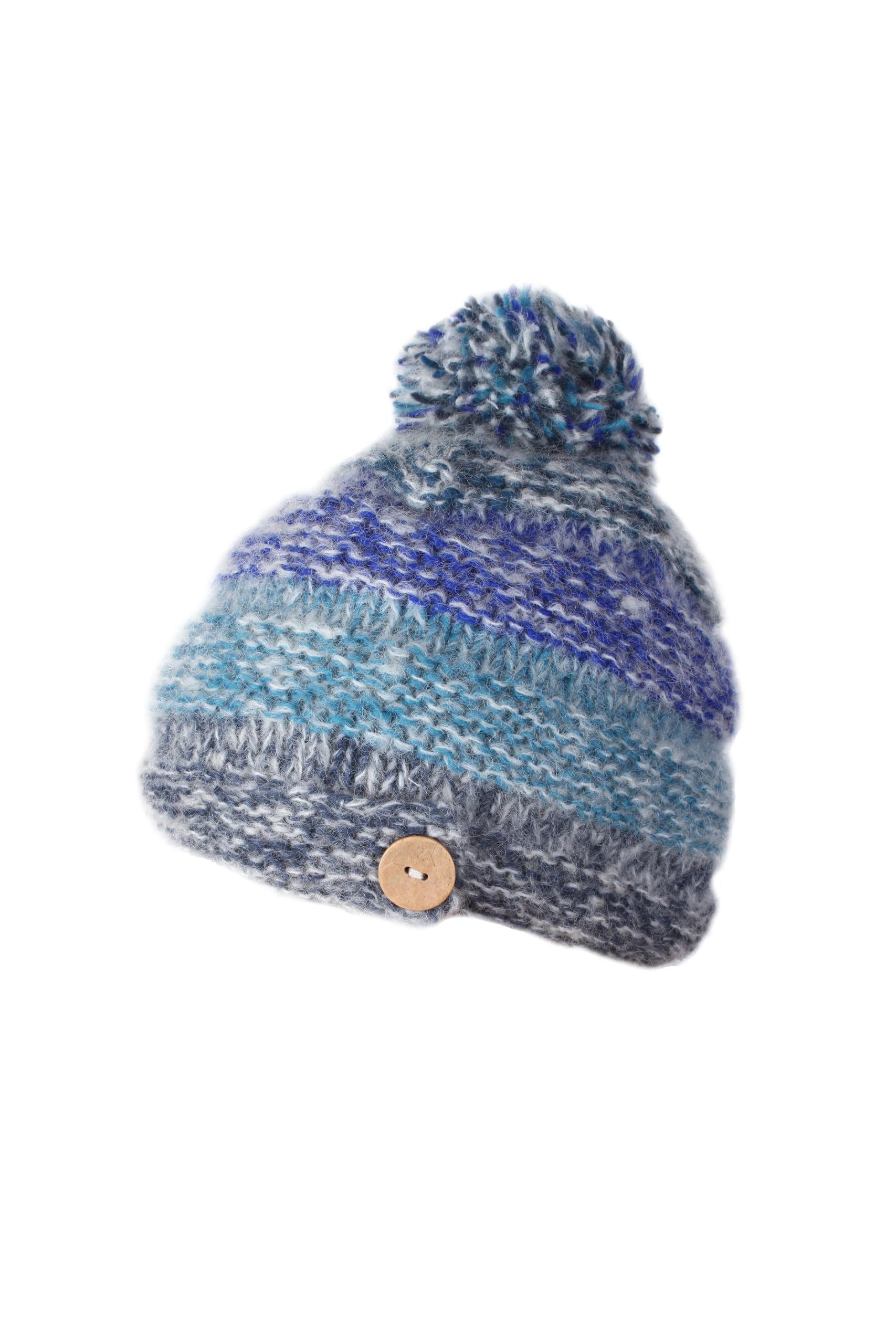 Pachamama Women Wool/Mohair Beanie Bobble Hat Sherpa Fleece Lined Handknitted Blue One-Size Handmade Extra Warm Fair Trade