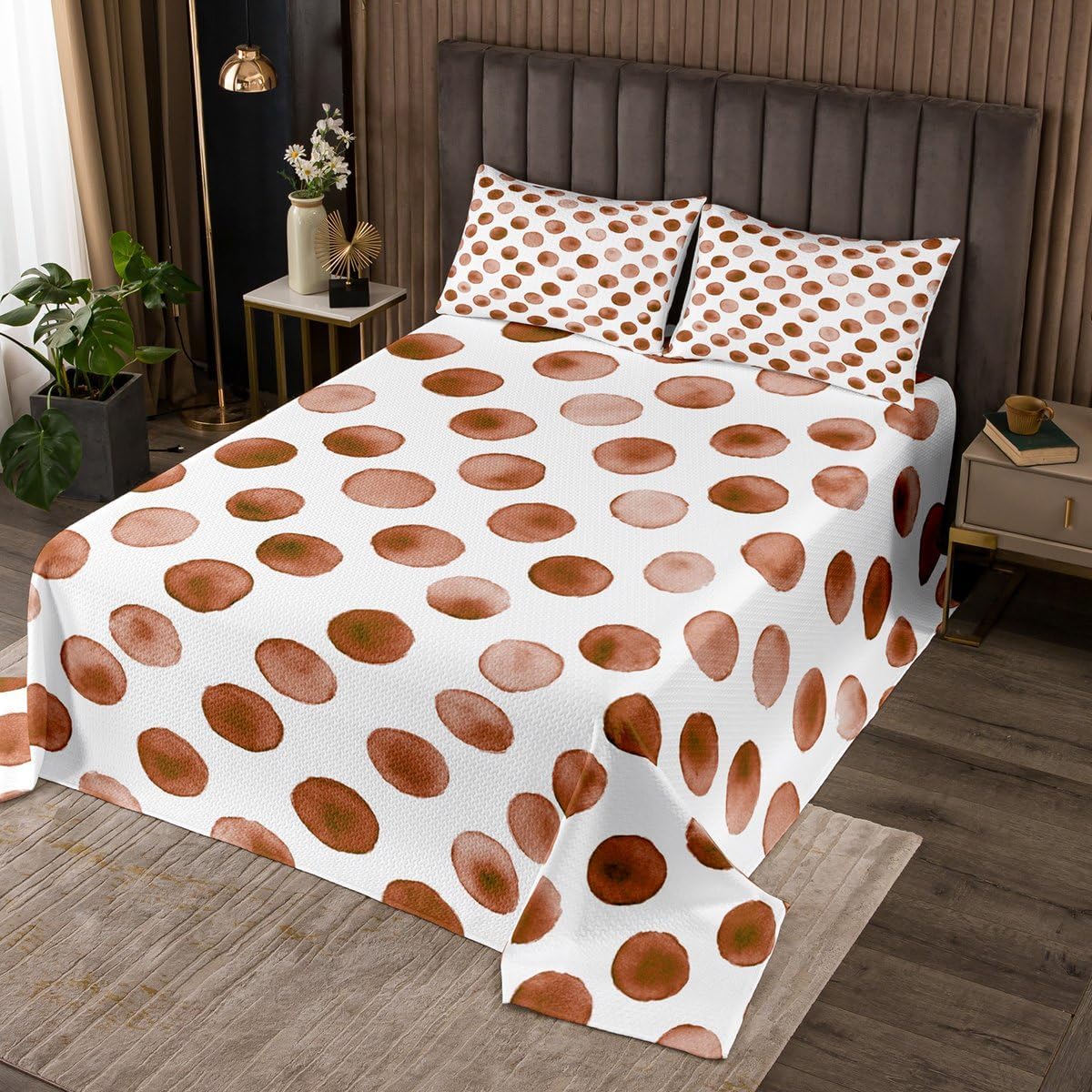 Erosebridal Brown Polka Dot Bedspread Sets Queen Size Chic Modern Abstract Coverlet Set Watercolor Graffiti Oil Painting Bed Set Minimalists Geometric Ombre Gradient Bedding Set