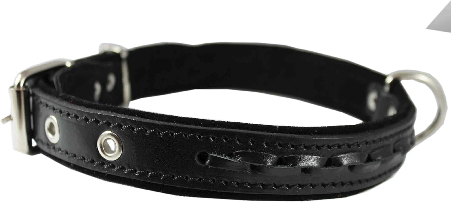 Genuine Leather Braided Dog Collar, Black 1" Wide. Fits 14"-18" Neck.