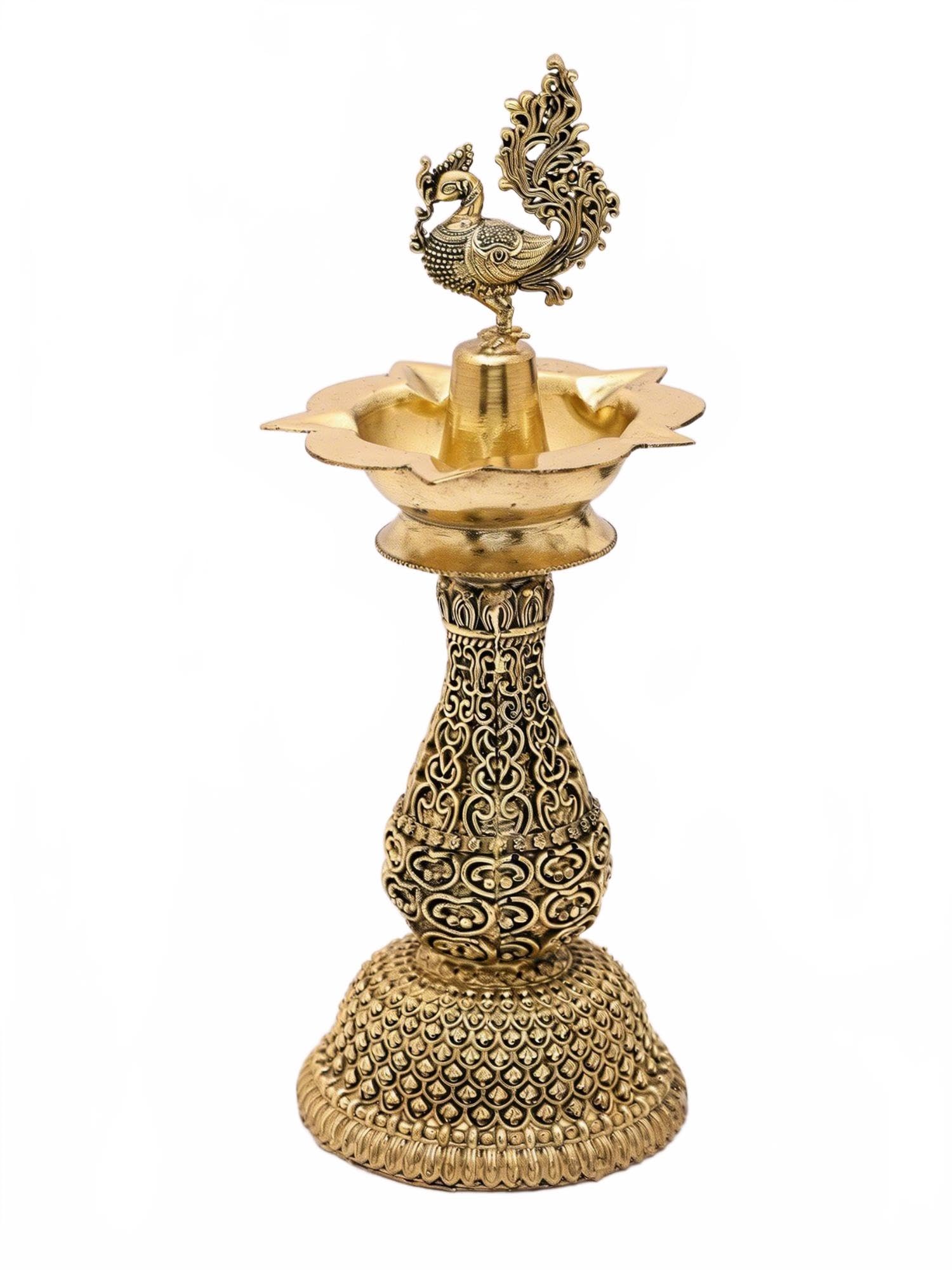 Exotic India Superfine Brass Peacock Lamp | Handcrafted Traditional Indian Oil Lamp for Home Temple, Puja & Festive Décor