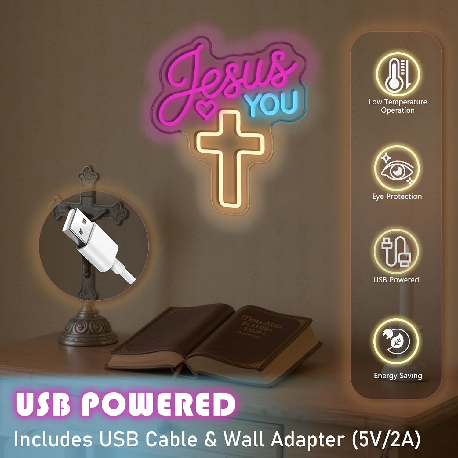 Jesus You Cross neon sigin, cross room decoration, suitable as a gift for Christian fathers, mothers, husbands and other family and friends