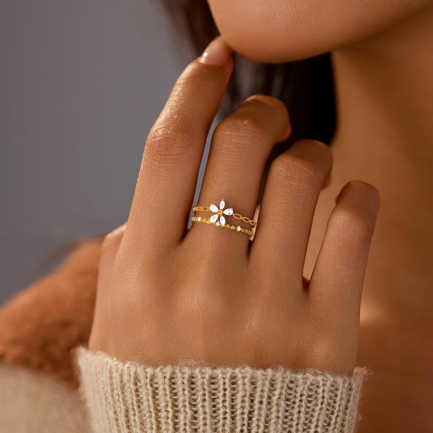 LOVECOM 925 Sterling Silver Cute Butterfly Daisy Flower Rings for Women 14K Gold Plated 2 Layered Colorful Opal CZ Floral Boho Stackable Statement Ring Jewelry Birthday Gifts to Daughter