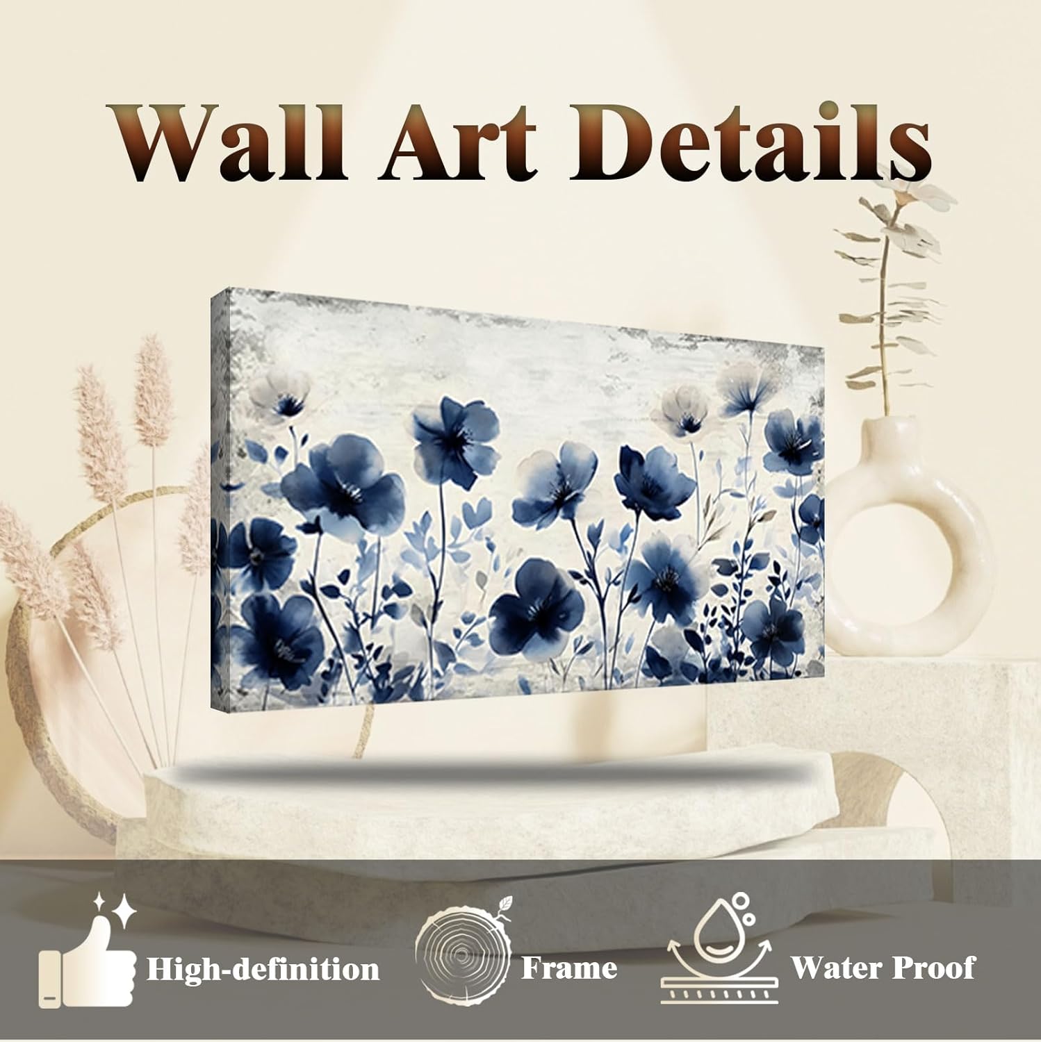 JLXART Flower Poster Canvas Wall Art Modern Blue Floral with White Background Print for Living Room Office Home Decor,20X40inch