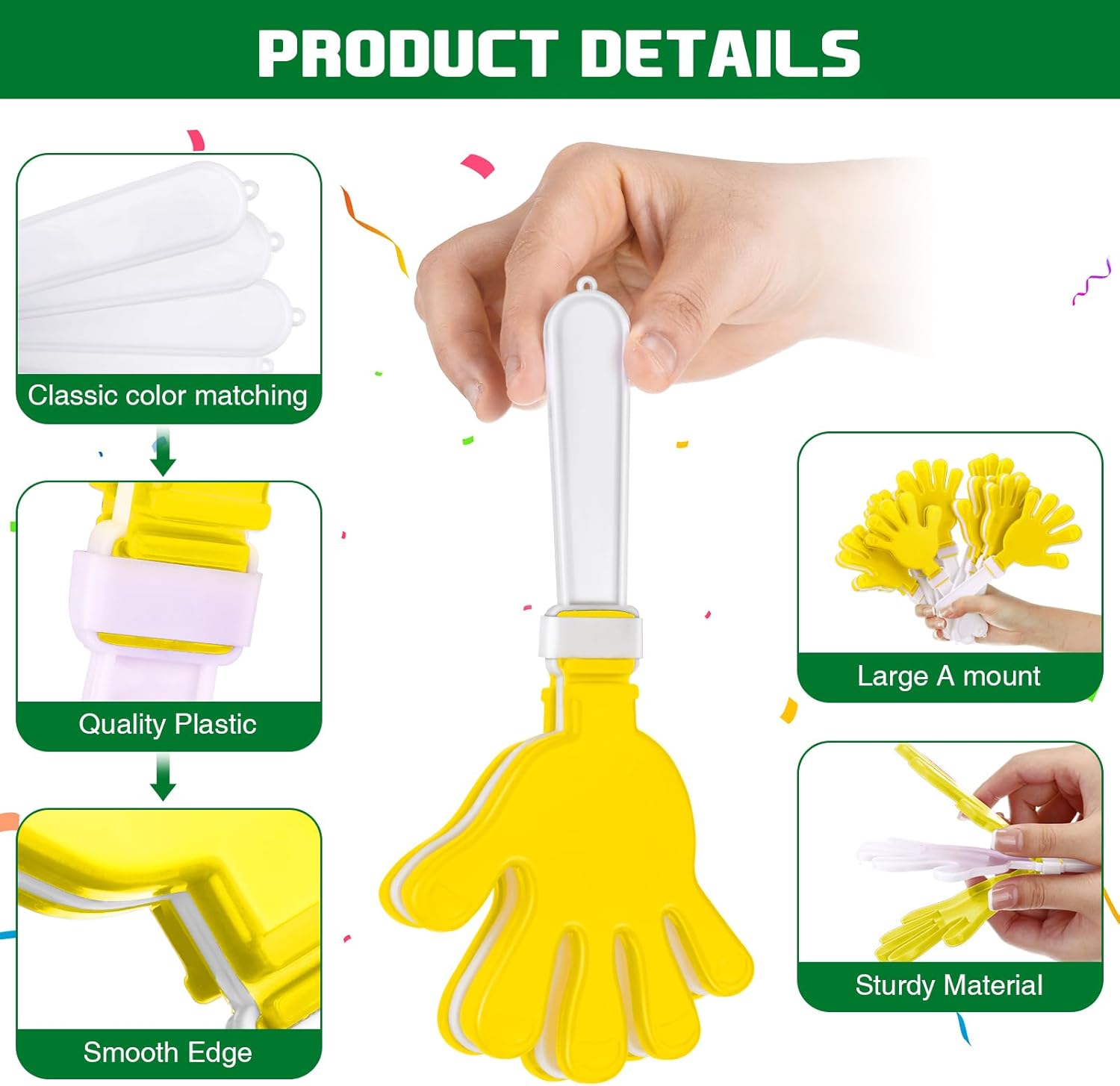 Junkin 48 Pcs Hand Clappers Bulk 7. 5 x 3. 5 Inches Noise Makers Party Favors Clapping Noise Maker Clacker for Birthdays Game Prizes Rewards Football Sporting Events Cheers Supplies (Yellow,White)