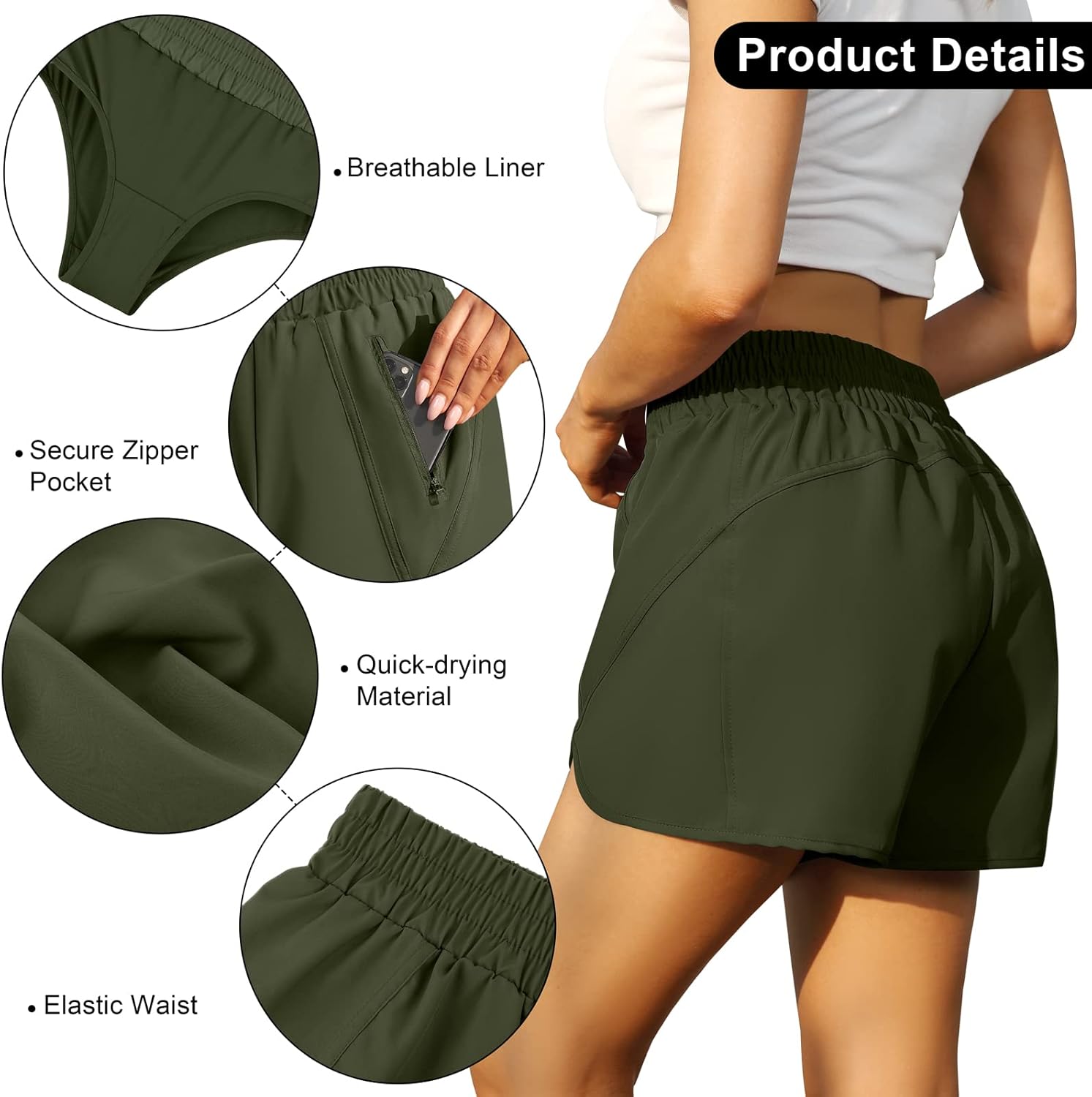 URATOT 2 Pack Women's Athletic Shorts Quick Dry High Waisted Running Shorts with Zip Pocket Gym Elastic Workout Short - Image 5