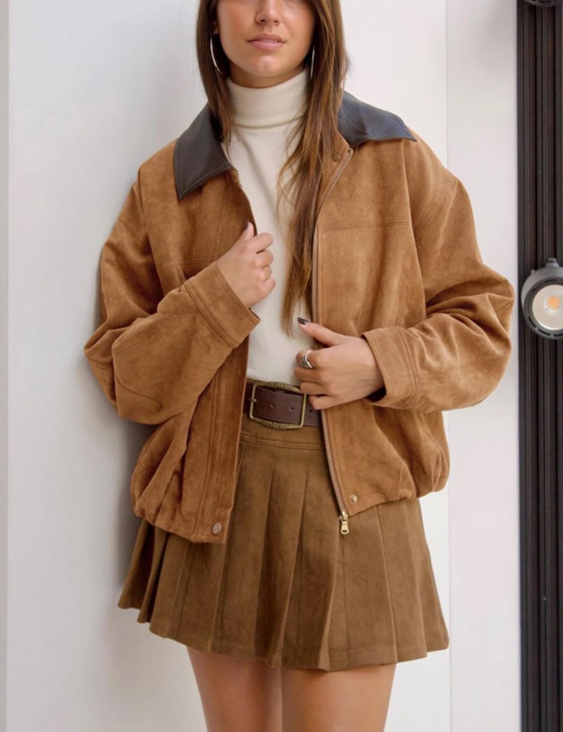 Womens Faux Suede Bomber Jacket Casual Lapel Pilot Cropped Jackets Oversized Motorc... - Image 2