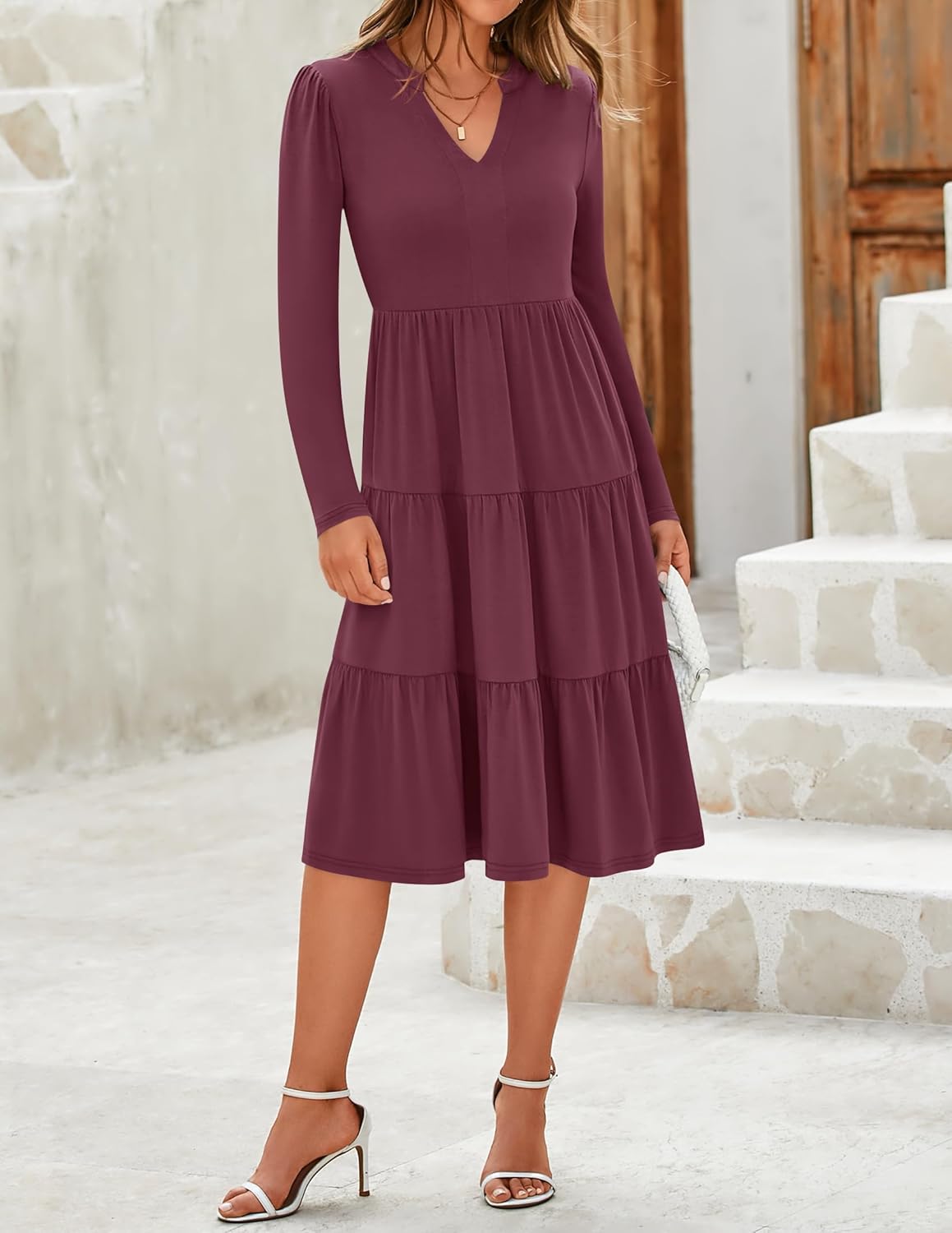 ZESICA Women's Long Sleeve Spring Dresses 2026 Fashion V Neck Casual Loose Ruffle Flowy A Line Tiered Midi Dress - Image 2