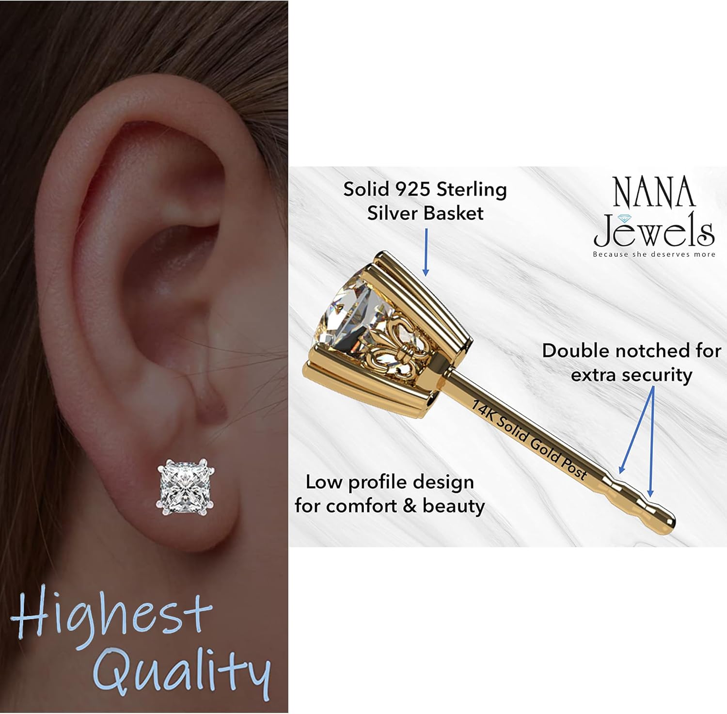 NANA Jewels Asscher Cut 14K Solid Gold Posts & Sterling Silver Simulated Diamond Stud Earrings 0.75 to 4.00ctw CZ - Image 2