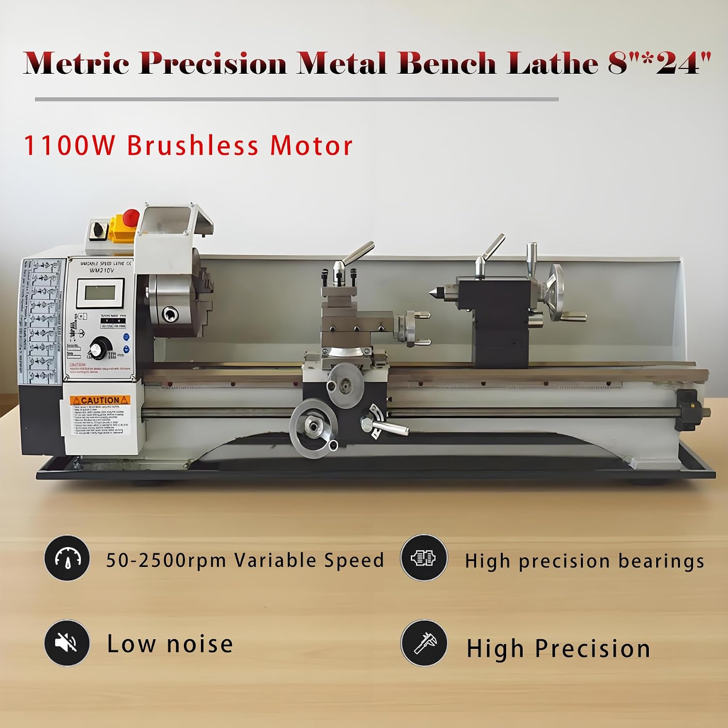 Metal Bench Lathe Benchtop 8"*24" Metric Mini Metal Lathe Variable Speed 50-2500rmp for Woodworking Metalworking 4-Way Tool Post Three-Jaw Chuck 110V 900W