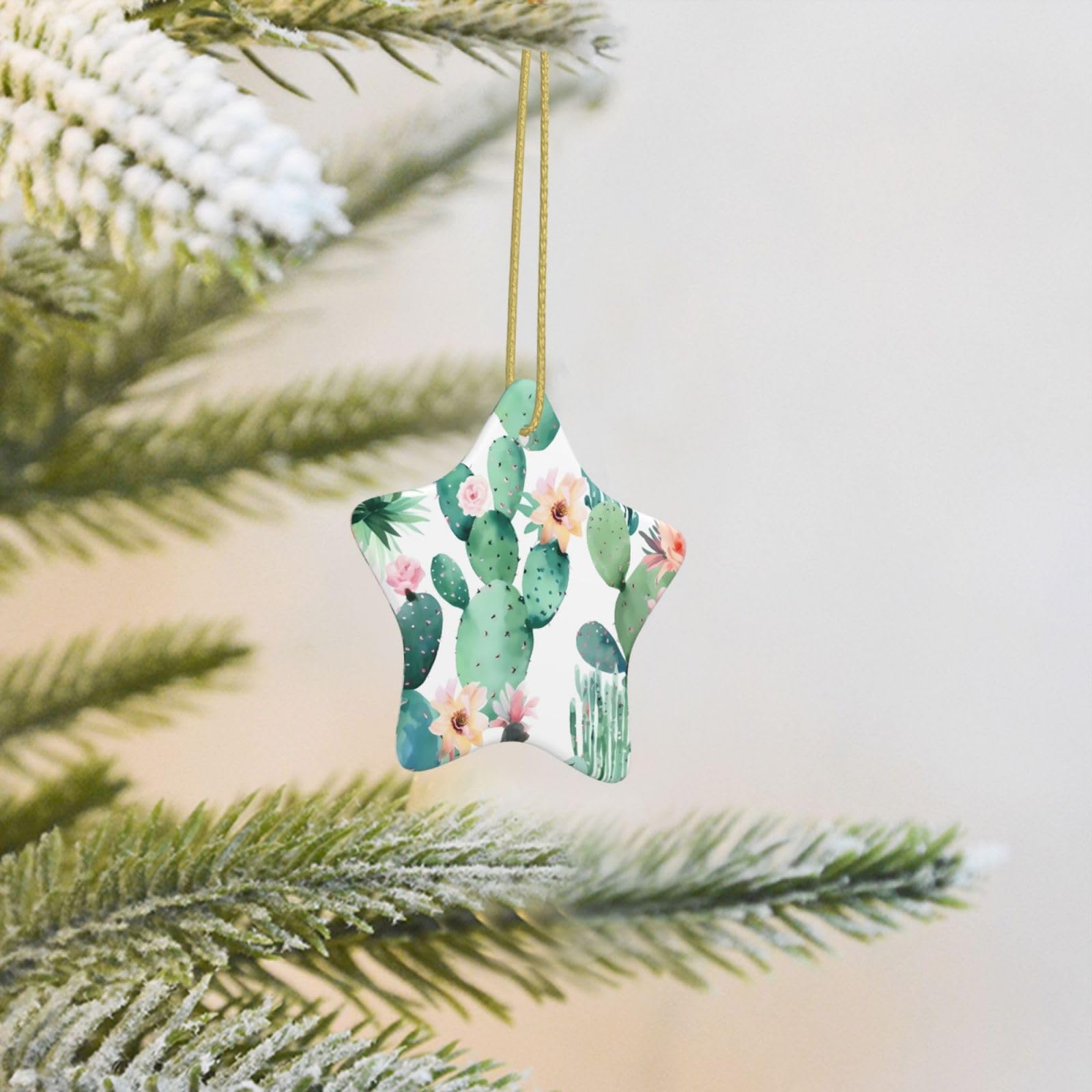 Christmas Tree Decoration Hanging Star Ornament Cactus Pattern Ceramic Ornaments Christmas Tree Decorations Star Pendants for Xmas Tree Winter New Year Wedding Party Supplies