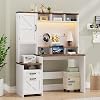 Farmhouse Executive Desk 51 Computer Desk with 2 Drawers Storage Cabinet and RGB LED Lights Power Outlets, Wood Home Office Desk with Hutch and Monitor Stand for Work Study Writing, Rustic White