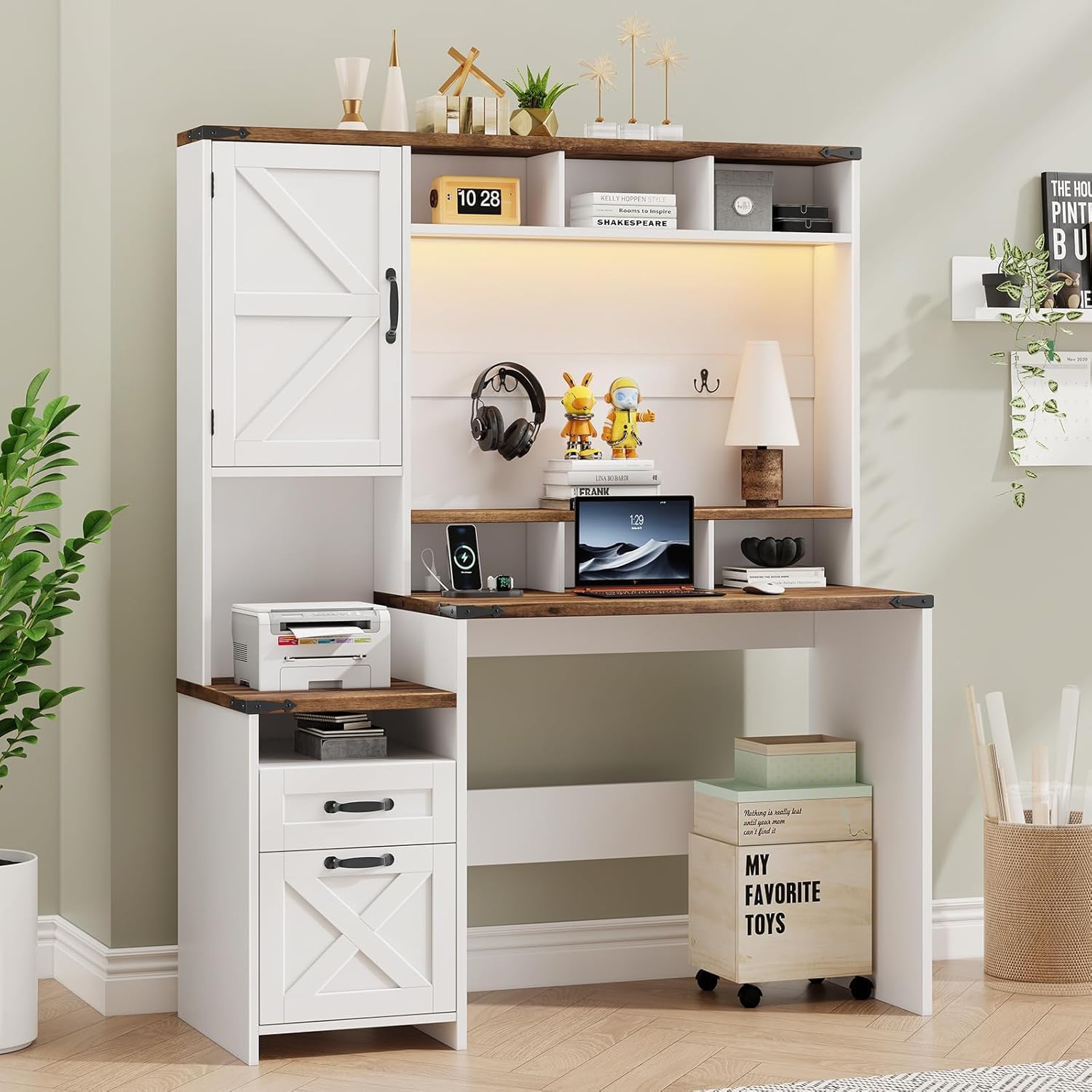 Farmhouse Executive Desk 51" Computer Desk with 2 Drawers Storage Cabinet and RGB LED Lights Power Outlets, Wood Home Office Desk with Hutch and Monitor Stand for Work Study Writing, Rustic White