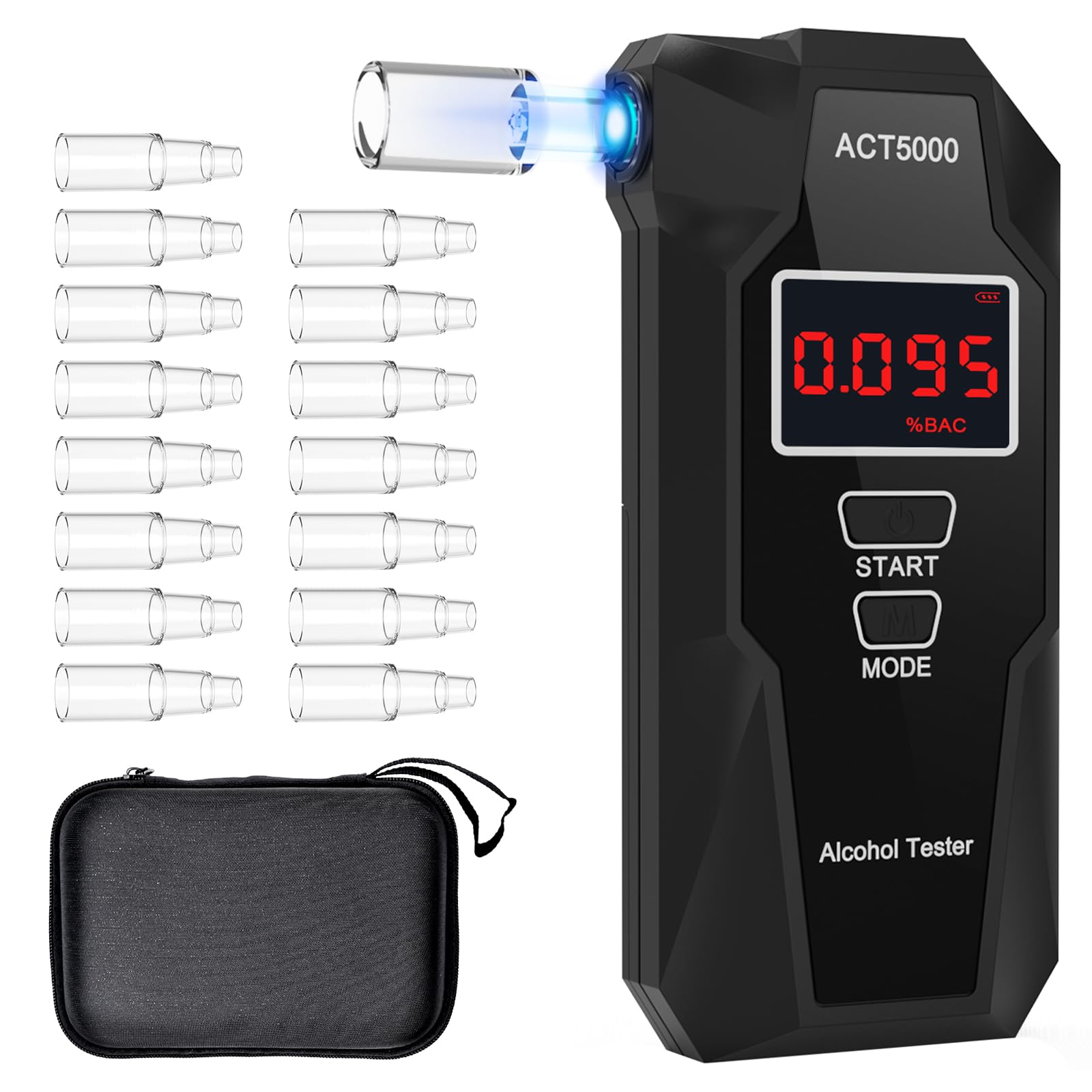 Elektrochemischer Alkoholtester mit 15 Mundstücken & Tragetasche - UK Brennstoffzellen-Sensor Professioneller Atemalkoholmessgerät, Digitales LCD Messgerät, 50 Speicherplätzen (Schwarz)