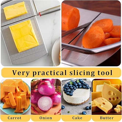 Miniatura 6 de Cortador de queso para bloque de queso, cortador multifuncional de acero inoxidable con cuchilla, tablero cortador de queso con escala de tamaño