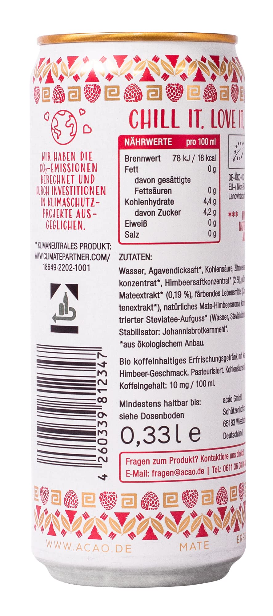 acáo Bio Mate Himbeere (12 × 330 ml Dose) – super fruchtig, kalorienarm – Natural Energy Drink, koffeinhaltiges Erfrischungsgetränk – Mate Tee