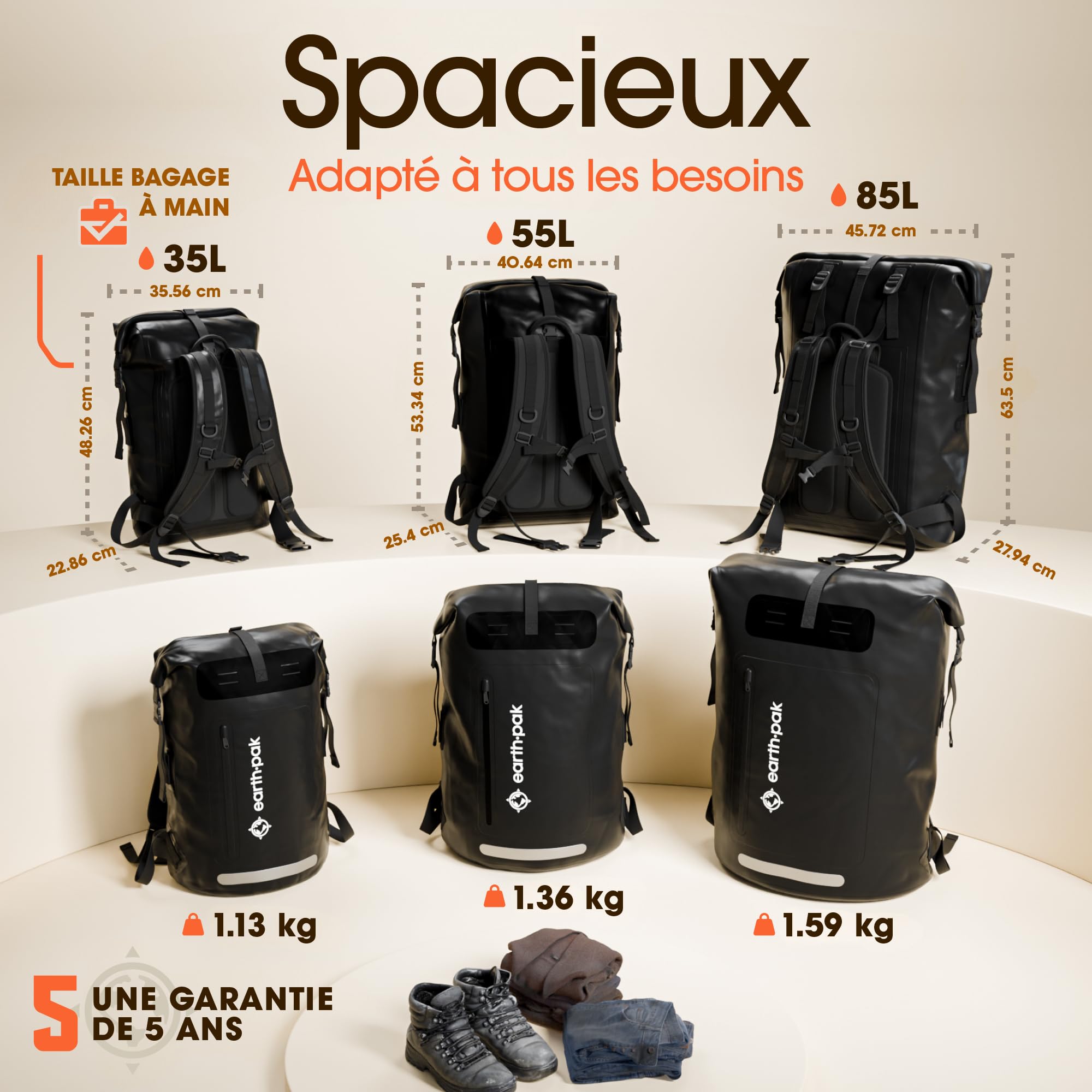 Earth Pak Sac à dos imperméable – Fermeture robuste enroulable avec poche avant zippée facile d'accès et panneau arrière rembourré pour plus de confort avec étui étanche IPX8