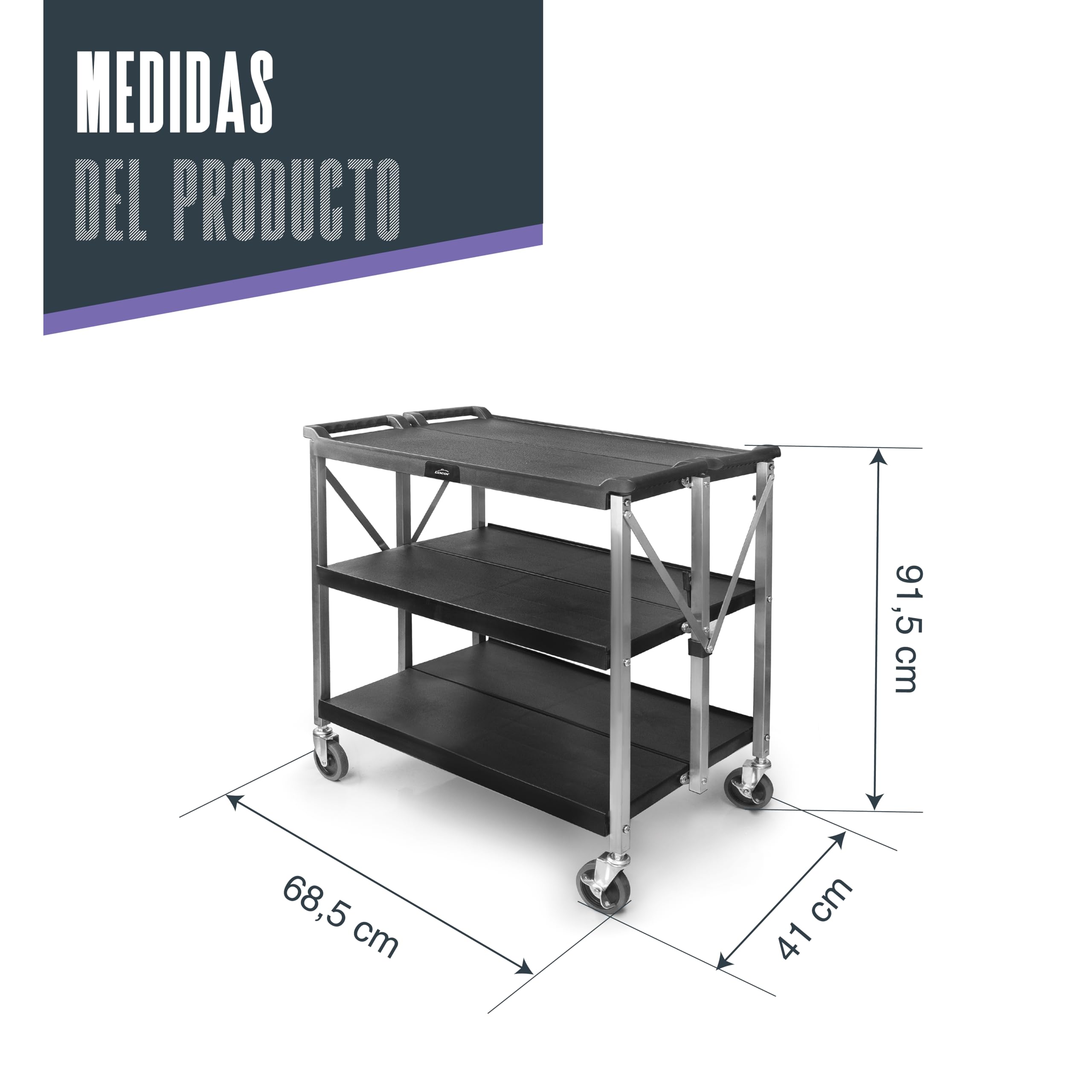 LACOR 66241 - Carro de Servicio Plegable, 3 bandejas, 30 kg/Bandeja | En acero inoxidable, para un uso práctico y profesional en cocina; ideal para cocina profesional y uso diario en casa