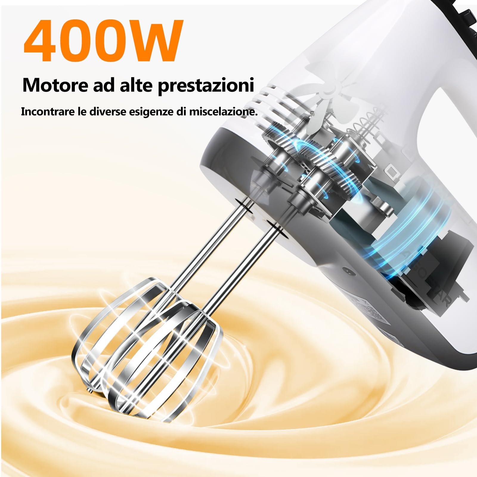 Aigostar Pudding - Sbattitore Elettrico, 6 Velocità e Turbo, Frusta Elettrica, 400W, Miscelazione Silenziosa. Dotato di 2 Fruste, 2 Ganci Impastatori, frusta e contenitore.
