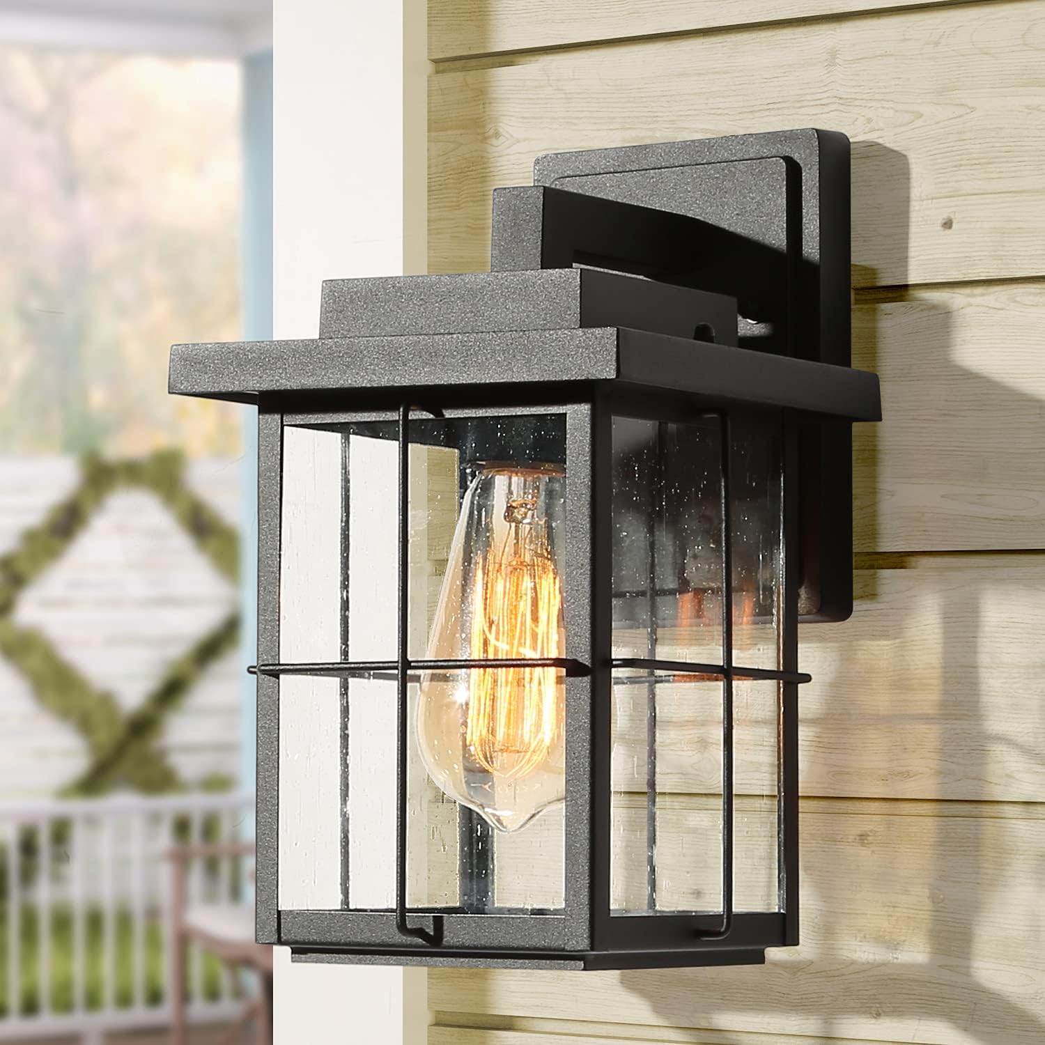 LALUZ Outdoor Wall Light with Seeded Glass, Rectangle Exterior Porch Light with Cross Bar, 1 Pack Waterproof and Anti-Rust Outside Lamp for Porch, Backyard, Patio, Garage, Black