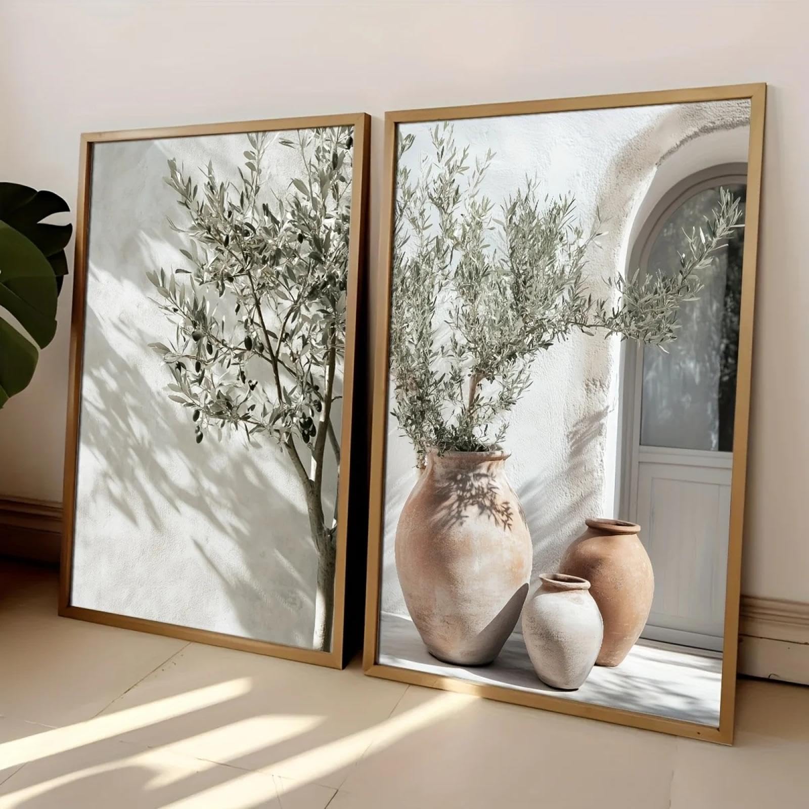 CHAOJIART 2 piezas vintage de olivo neutro con diseño de jarrón de sombras, lienzo impreso, póster de paisaje botánico retro, decoración del hogar, póster artístico de 60 x 80 cm x 2, marco interno