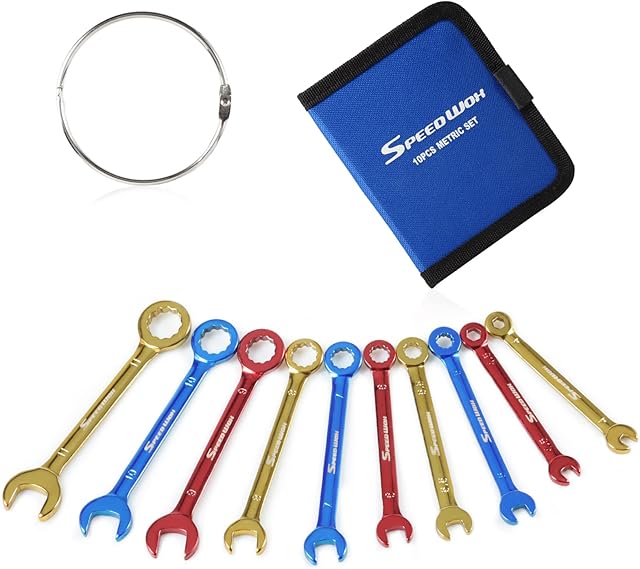 SPEEDWOX 10 Pcs Color Plated Open and Box End Mini Wrenches Color Coated Midget Wrench Set Mini Combination Wrench Set Metric with Portable Pouch and Large Ring4-11mm
