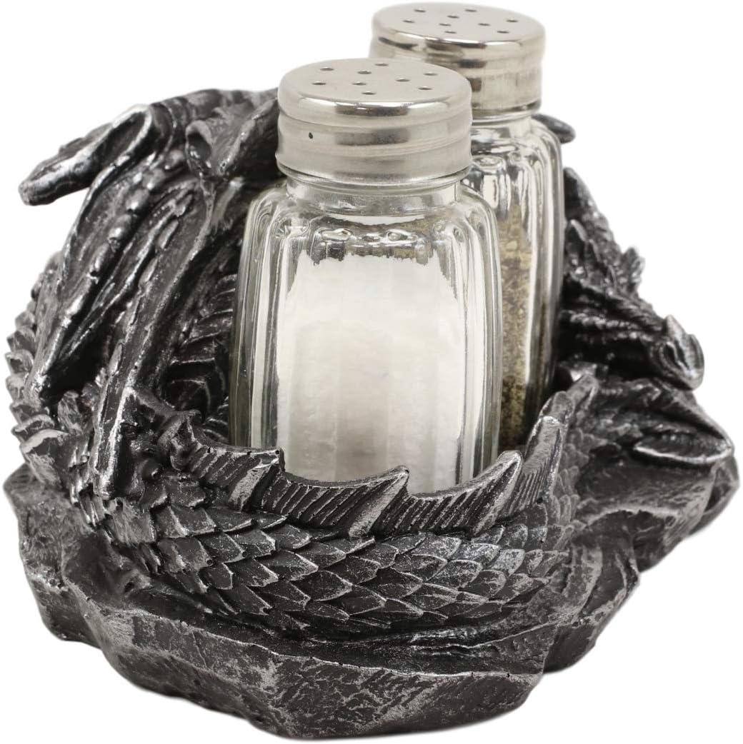 Ebros Gift Fire Spice Gothic Medieval Sleeping Dragon Salt And Pepper Shakers Holder Figurine Set 5.75"L As Dungeons And Dragons Medieval Fantasy Kitchen Decor Accent