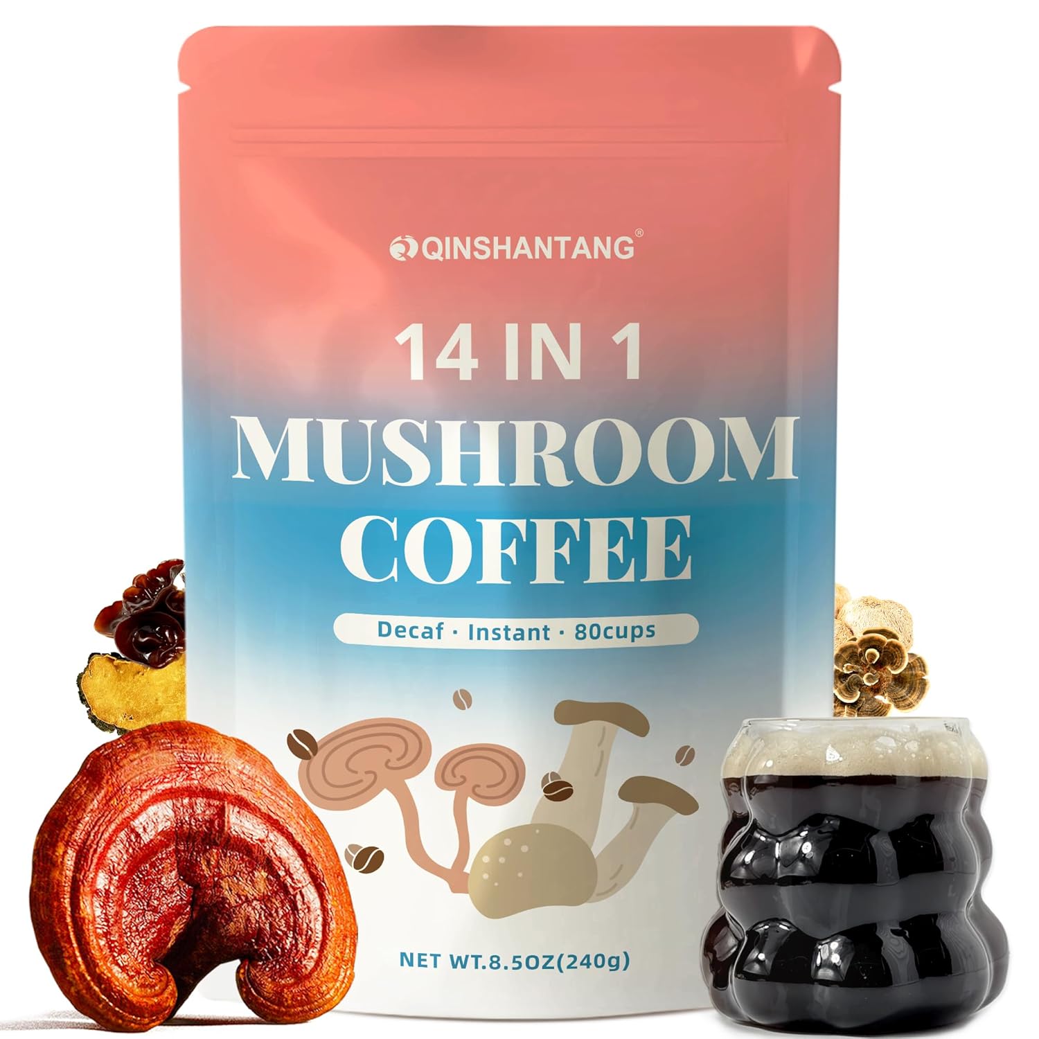 Decaf Mushroom Coffee, Instant Coffee Mix, 80 Servings | Sugar-Free, Decaffeinated Coffee Powder Blend | 14 Mushroom Extract for Immune Support & Focus, 8.5 OZ