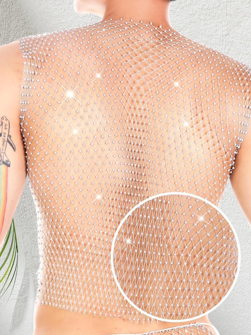 Kaei&Shi Rhinestone Mens Tank Tops Sheer Mesh See Through Fishnet Sparkly Rave Outfit Festival Crop Men Shirt Sexy Club Party - Image 4