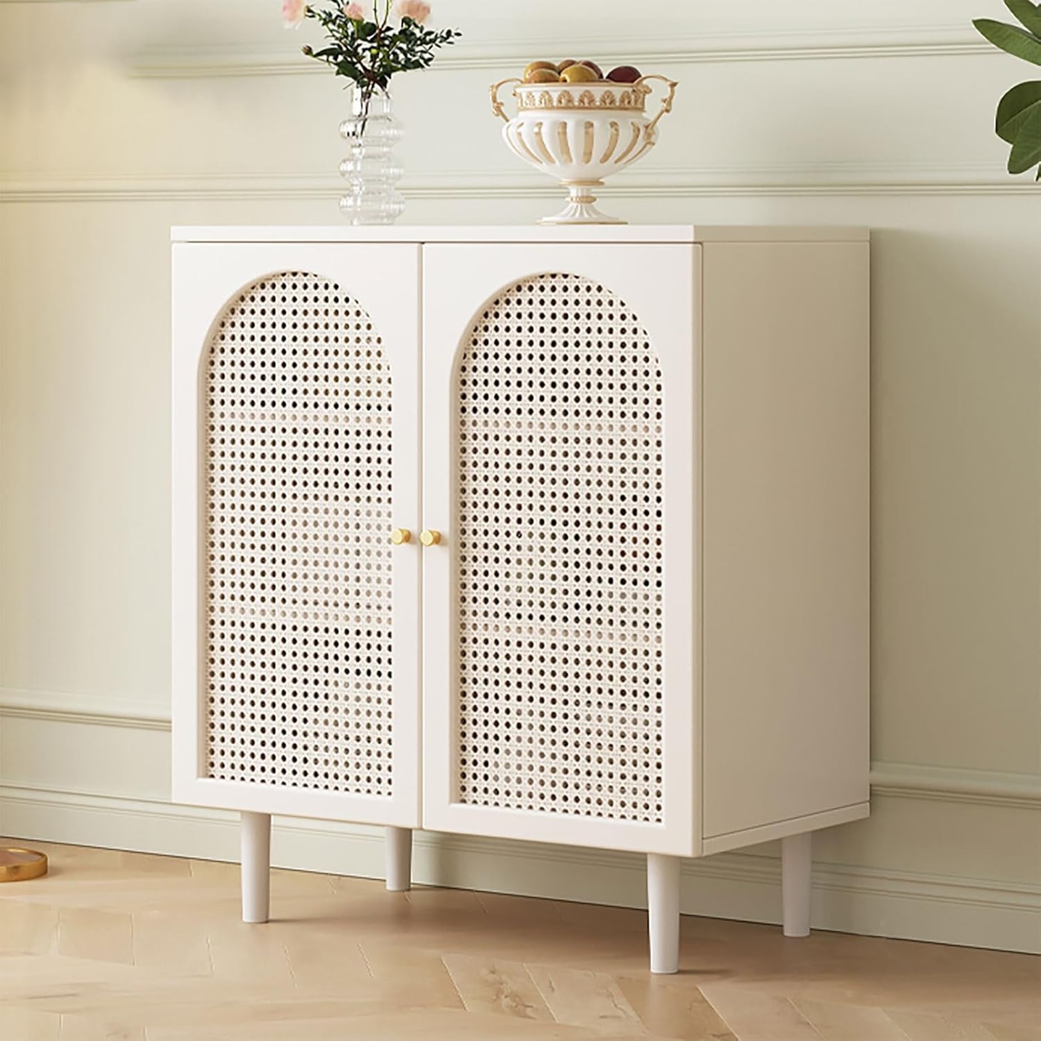 Rattan Sideboard Freestanding Buffet Cabinet with Storage, Rattan Storage with 3 Doors and 3 Drawers, Breathable and dustproof, for Hallway, Entry, Living Room(White,31.5in)