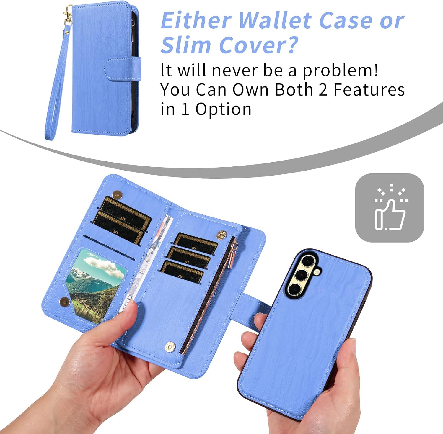 Asuwish Phone Case for Samsung Galaxy S24 FE 5G Zipper Wallet Magnetic Detachable Cell Cover with Tempered Glass Screen Protector Crossbody Lanyard Strap Card Holder S 24 EF S24FE 24S Women Girls Blue
