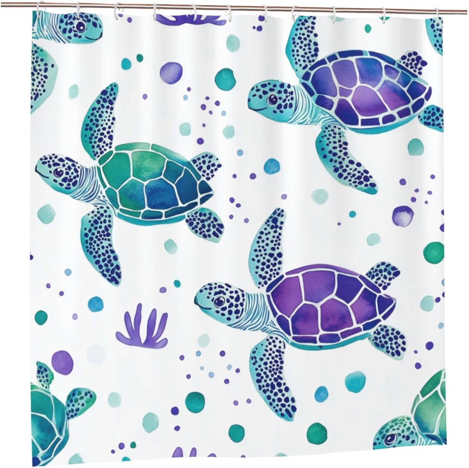Fabric Cloth Bathroom Curtain Purple Green Watercolor Turtle Shower Curtain 72x72 Inch Waterproof Shower Curtain Set with Hooks