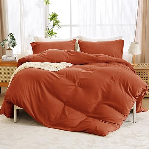 Juego de funda de edredón de tamaño matrimonial, color naranja quemado de 3 piezas, funda de edredón de microfibra cepillada refrescante con cierre