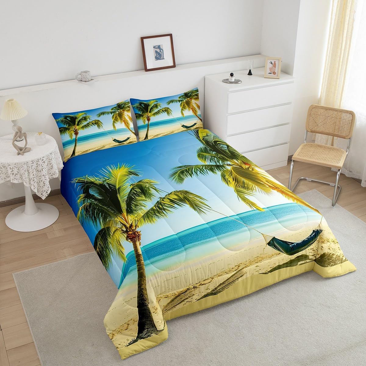 Coastal Palm Tree Comforter Set King Size, Summer Hawaiin Style Bedding Set, Ocean Beach Bedding Comforter Set Tropical Style, Hammock Vacation Theme Down Comforter Soft Microfiber Room Decor