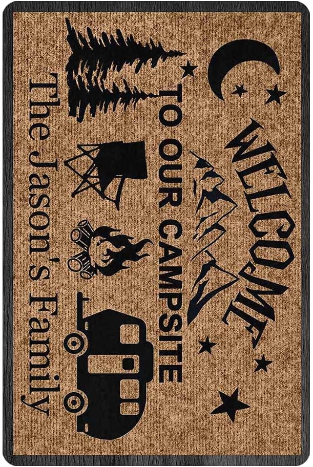 Personalized Mat with Text Custom Camping Doormat Welcome to Our Campsite, Mountain Tree Camper Fire Indoor Outdoor Entrance Mat Floor Mat Decorative Home Office Bedroom Welcome Mat Rug 24x16
