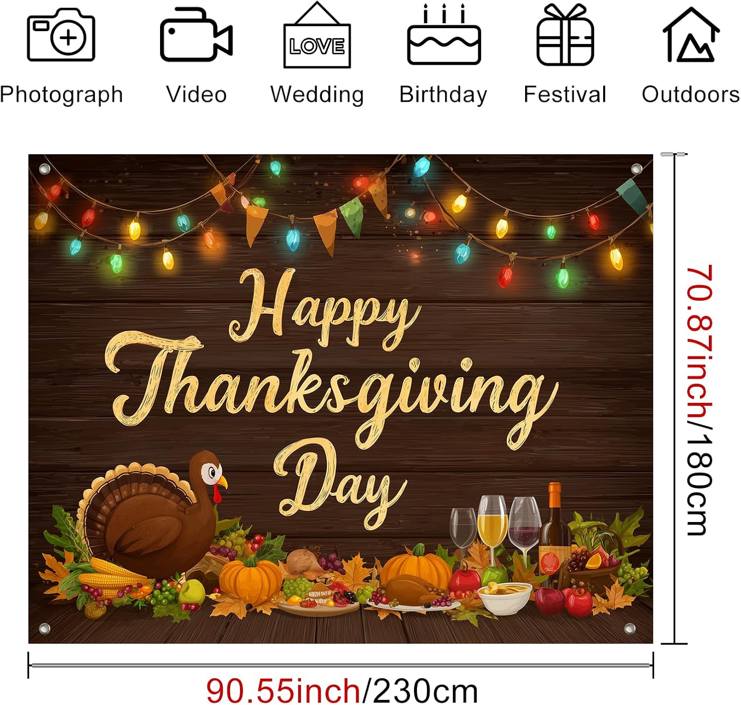 BlissYard Thanksgiving Backdrop Banner Happy Thanksgiving Day Handwritten Text Turkey Harvest Fruits & Veggies on Wood Texture 8x6ft Wall Hanging for Party Decoration Supplies