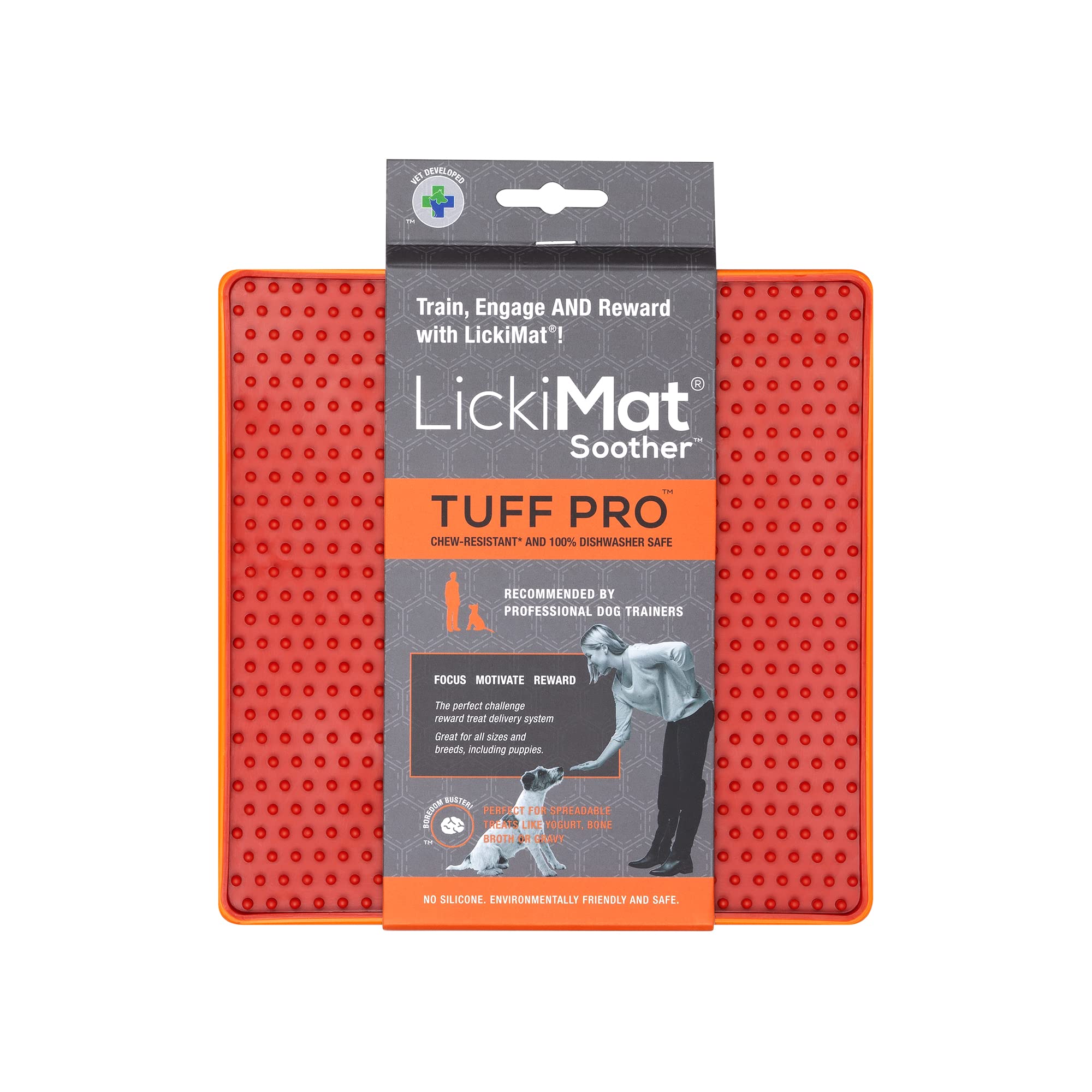 LICKIMATPRO Tuff Soother for Dogs, Heavy Duty Dog Lick Mat, Calmer, Alternative to Puzzle Toys and Slow Feeder Bowls. Perfect for Peanut Butter, Yoghurt, Healthy Treats and Distraction. (Orange)