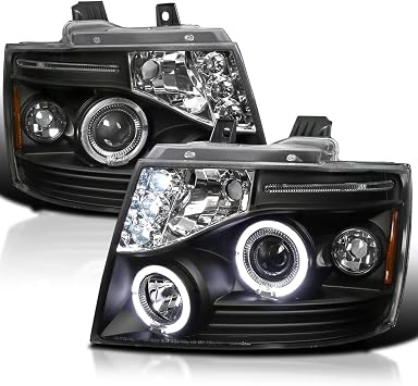 SPEC-D TUNING Black LED Halo Projector Headlights Compatible with 2007-2014 Chevy Avalanche, Tahoe, Suburban 1500 2500, Left + Right Pair Headlamps Assembly
