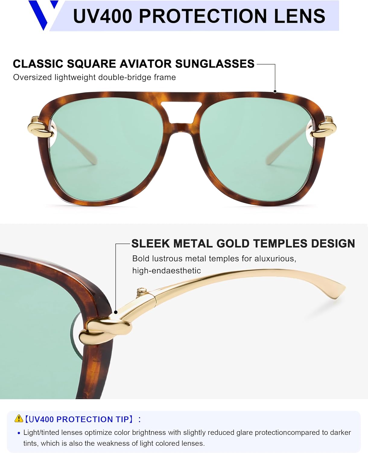 VANLINKER Trendy Square Aviator Sunglasses for Women Men Retro 70s Oversized Aviators Shades VL9910 - Image 5