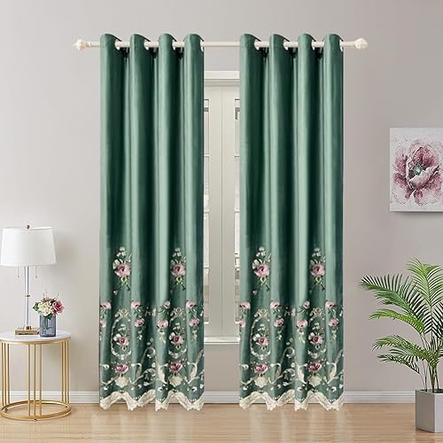 Cortinas opacas bordadas florales europeas de 96 pulgadas de largo para dormitorio, sala de estar, cortinas de terciopelo con ojales de lujo, con
