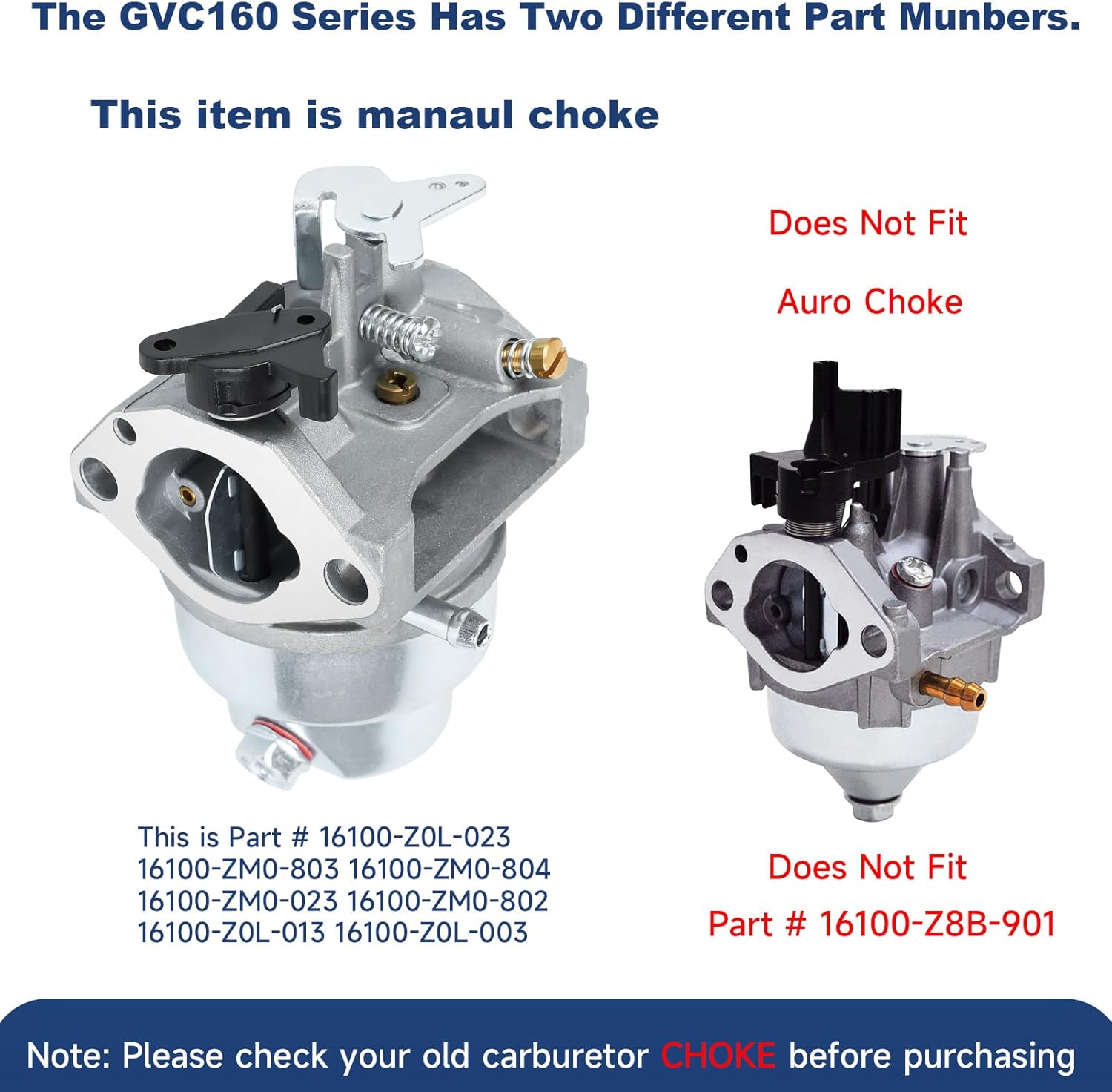 GCV160 Carburetor for Honda GCV160A GCV160LA GCV160LE Engine HRB216 HRR216 HRS216 HRT216 HRZ216 Lawn Mower Ryobi Pressure Washer, Replaces for honda 16100-ZM0-804
