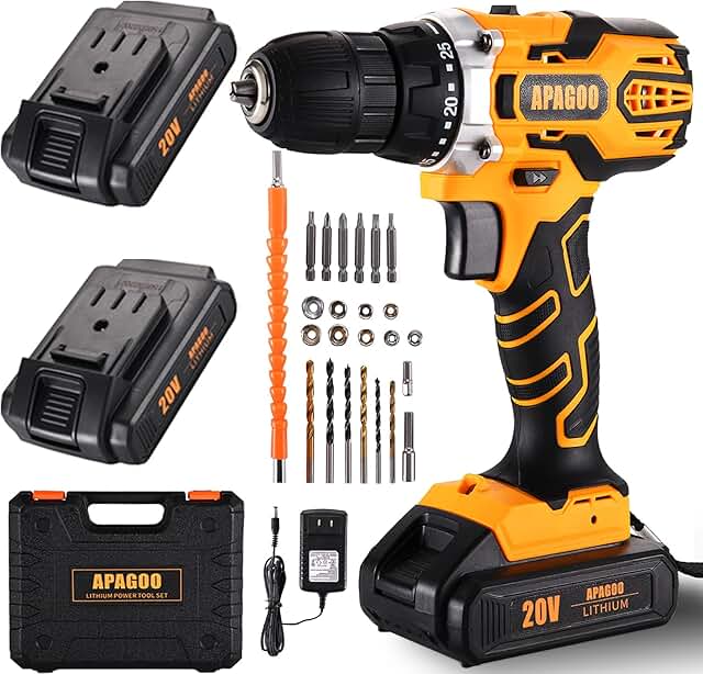 APAGOO 20V Cordless Drill Set 30 Pcs Drill Driver Kit TWO 2.0Ah Battery 310In-Lb Power Drill with 25+2 Torque Setting, 3/...