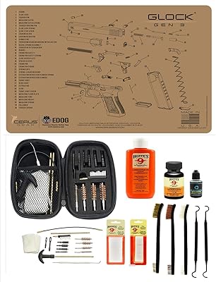 EDOG Range Warrior 27 Pc Gun Cleaning Kit - Compatible with Glock Gen3 - Schematic (Exploded View) Mat, Range Warrior Universal .22 9mm - .45 Kit & Tac Book Accessories Set - Tan
